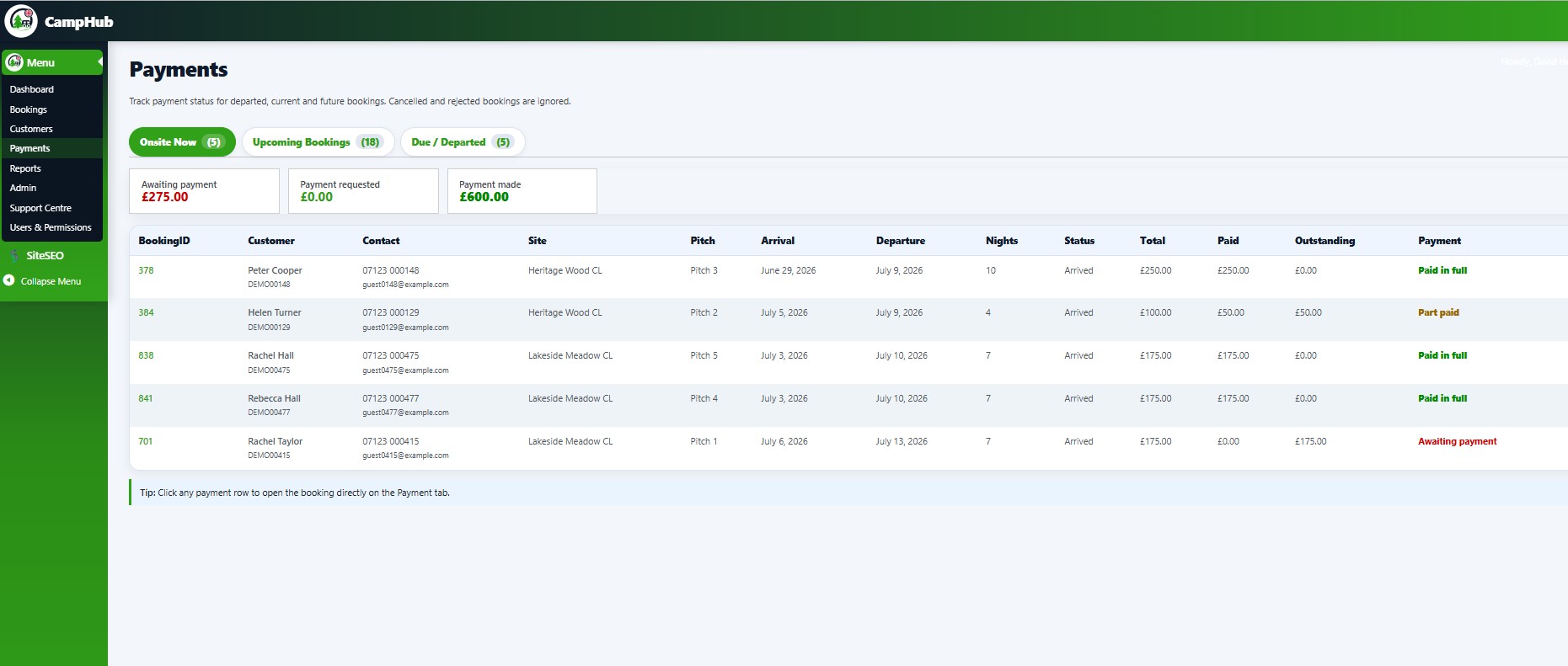 CampHub payments page