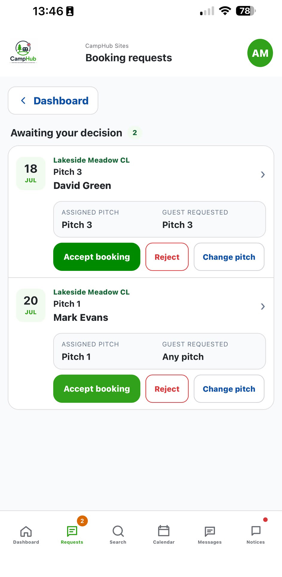 CampHub Pocket booking requests