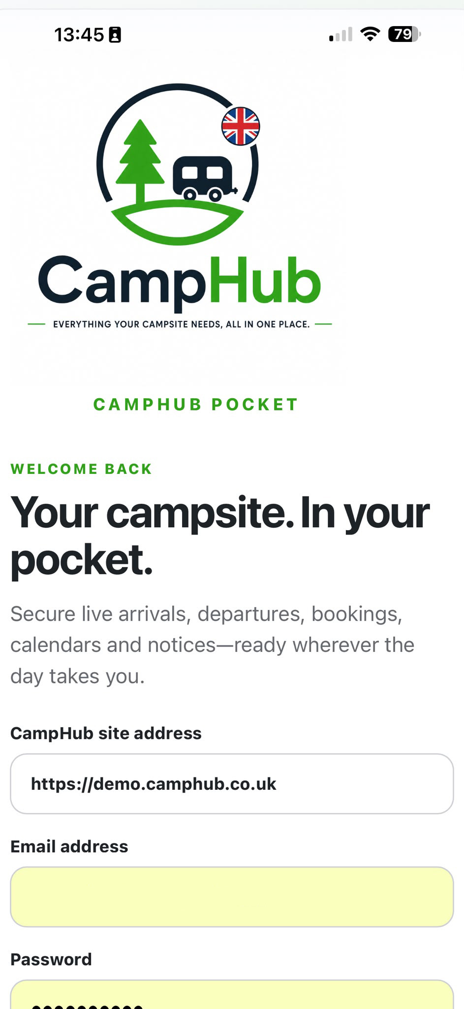 CampHub Pocket login screen